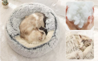 Round Hooded Cat Bed – Winter Fluffy Plush Pet Cave, Cozy Donut Calming Nest for Cats & Small Dogs