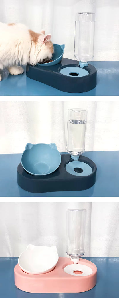 Cat Feeder Bowl with Automatic Water Bottle – Raised Food & Water Dish